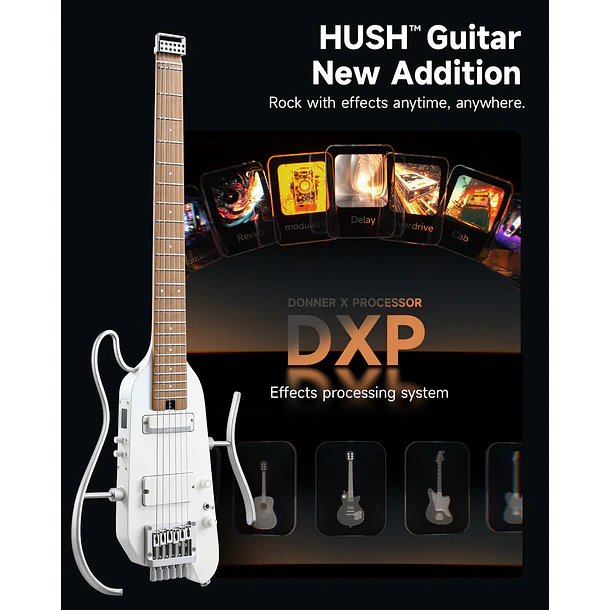 Donner HUSH X PRO Guitarra Eléctrica de Viaje Headless con Efectos Integrados White EC7029 3