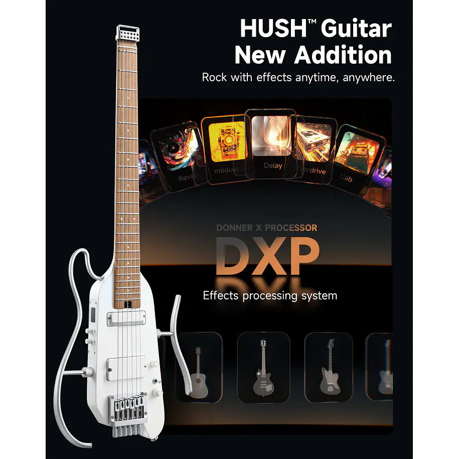 Donner HUSH X PRO Guitarra Eléctrica de Viaje Headless con Efectos Integrados White EC7029 3