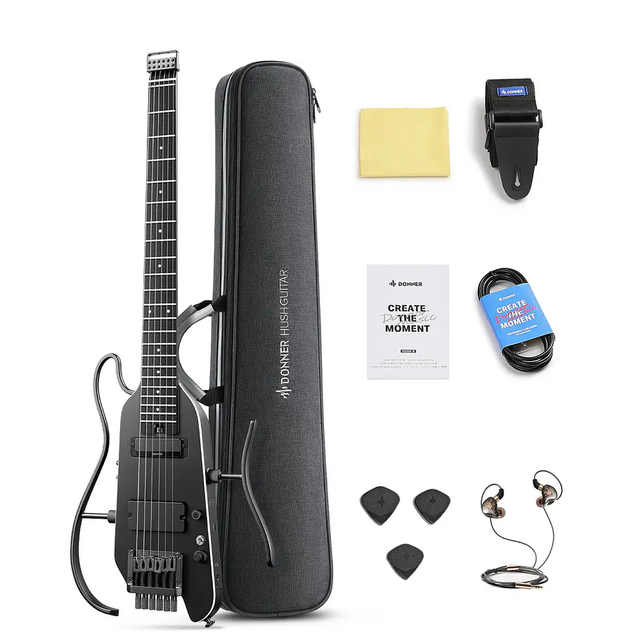 Donner HUSH X PRO Guitarra Eléctrica de Viaje Headless con Efectos Integrados Black EC7030 1