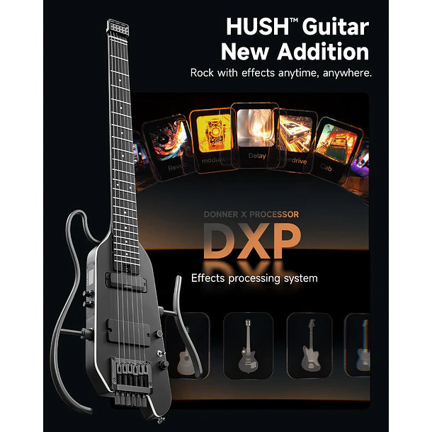 Donner HUSH X PRO Guitarra Eléctrica de Viaje Headless con Efectos Integrados Black EC7030 3