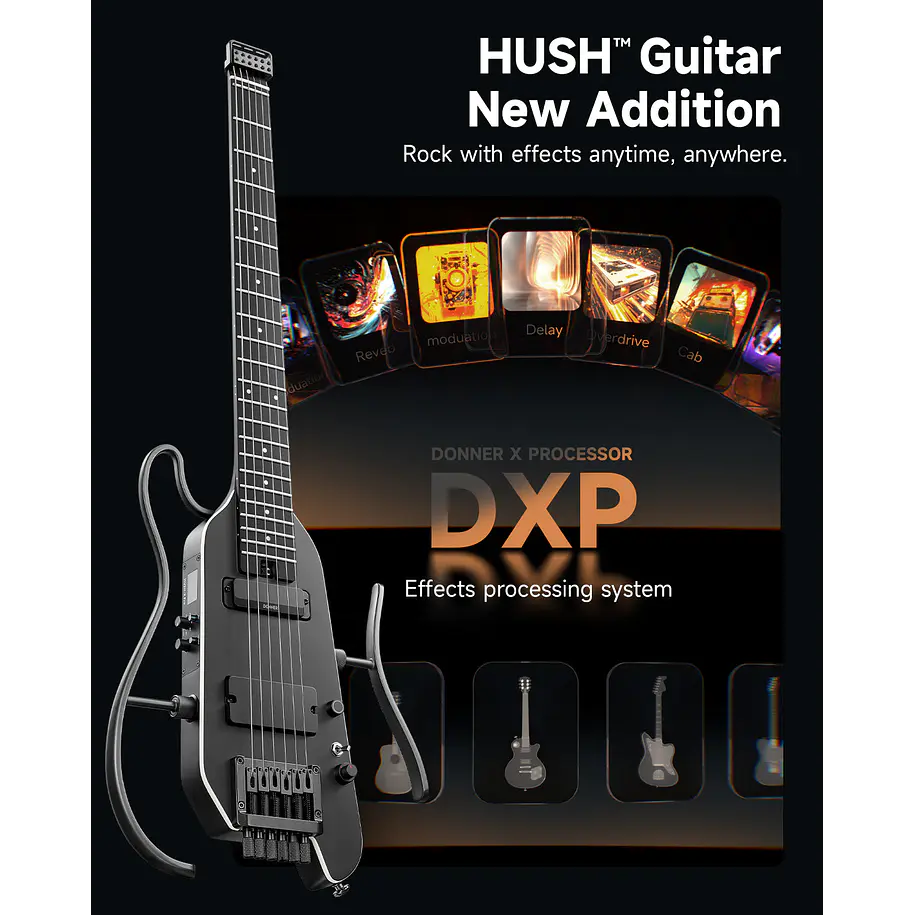 Donner HUSH X PRO Guitarra Eléctrica de Viaje Headless con Efectos Integrados Black EC7030 3