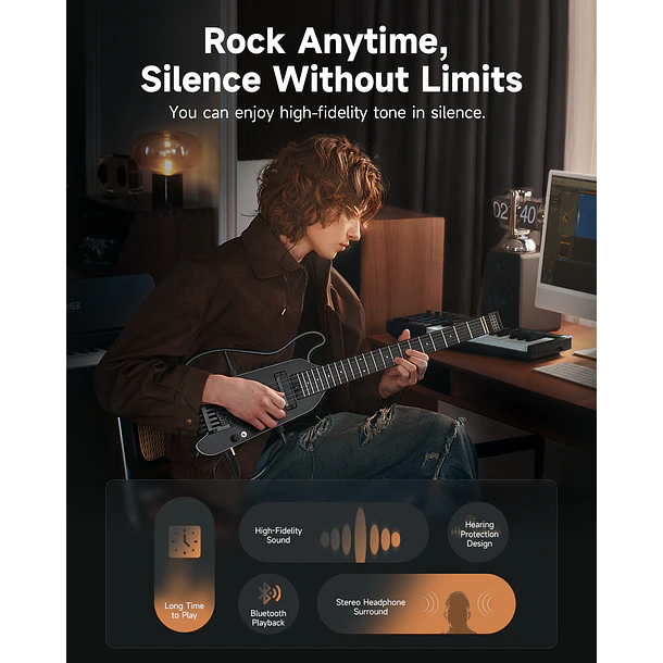 Donner HUSH X PRO Guitarra Eléctrica de Viaje Headless con Efectos Integrados Black EC7030 6