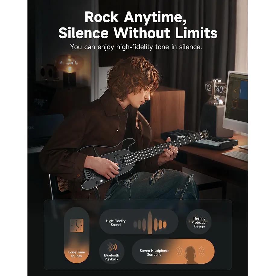 Donner HUSH X PRO Guitarra Eléctrica de Viaje Headless con Efectos Integrados Black EC7030 6