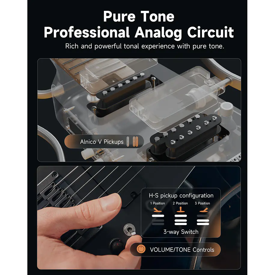 Donner HUSH X PRO Guitarra Eléctrica de Viaje Headless con Efectos Integrados Black EC7030 7