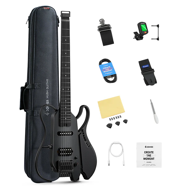 Donner HUSH X LIVE Guitarra Eléctrica de Viaje Headless con Parlante Desmontable Black EC7701 1