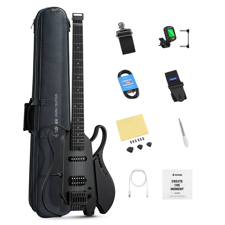 Donner HUSH X LIVE Guitarra Eléctrica de Viaje Headless con Parlante Desmontable Black EC7701 1