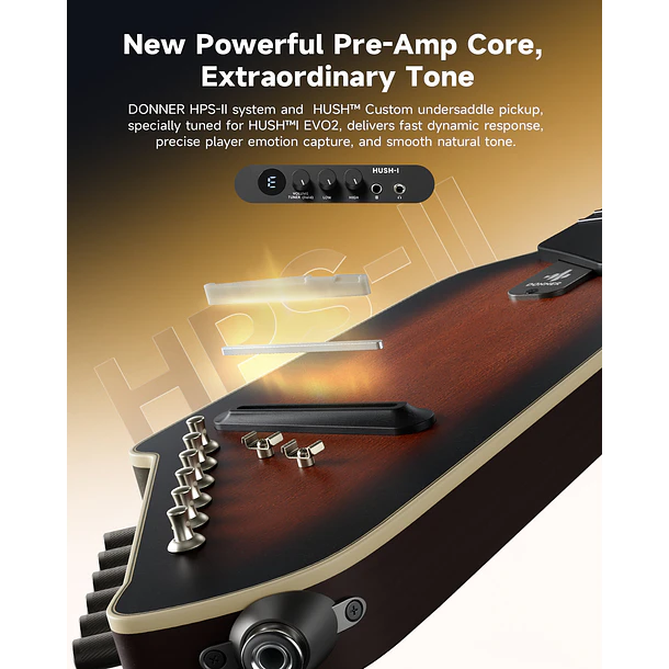 Donner HUSH I Evo2 Guitarra Electroacústica Silenciosa de Viaje con Preamp HPS-II Sunburst EC7487 6