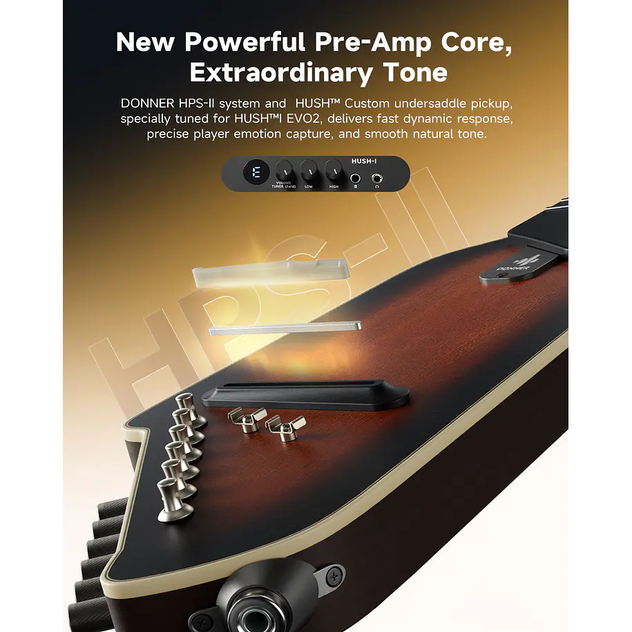 Donner HUSH I Evo2 Guitarra Electroacústica Silenciosa de Viaje con Preamp HPS-II Sunburst EC7487 6
