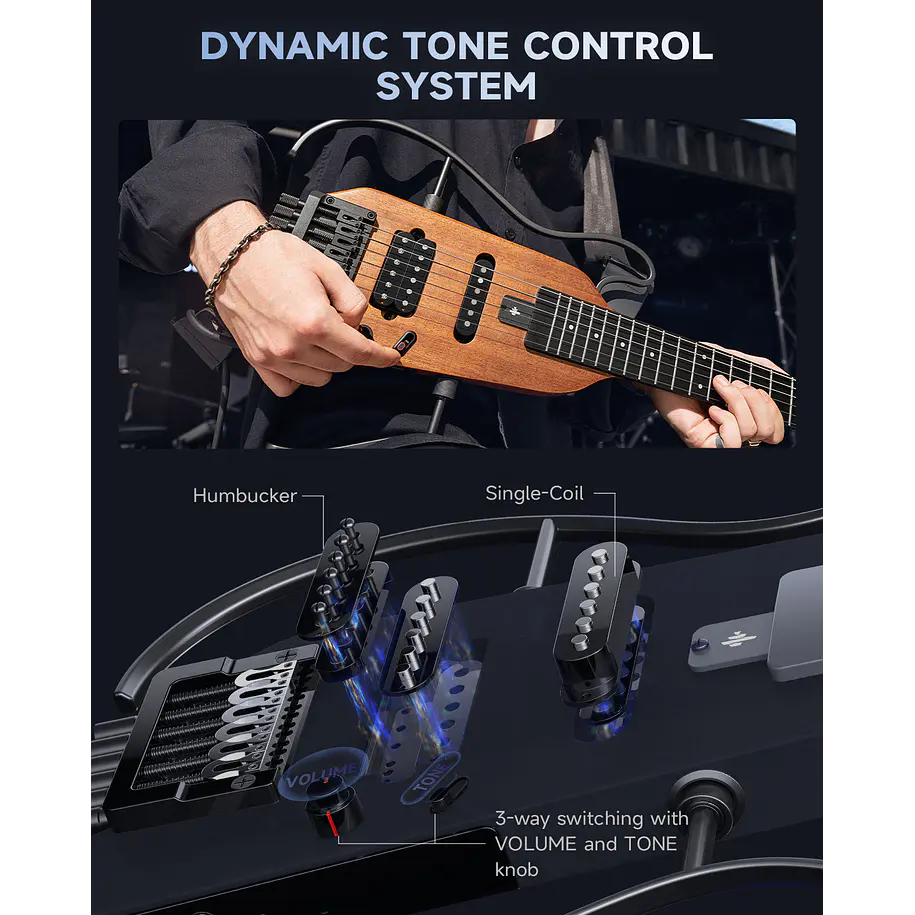 Donner HUSH-X Guitarra Eléctrica de Viaje Headless Ultraliviana Sunburst EC6807 6