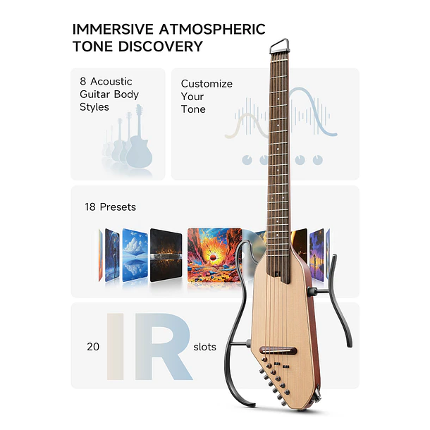 Donner HUSH-I Pro Guitarra Electroacústica de Viaje Headless con Efectos Integrados White EC6868 3