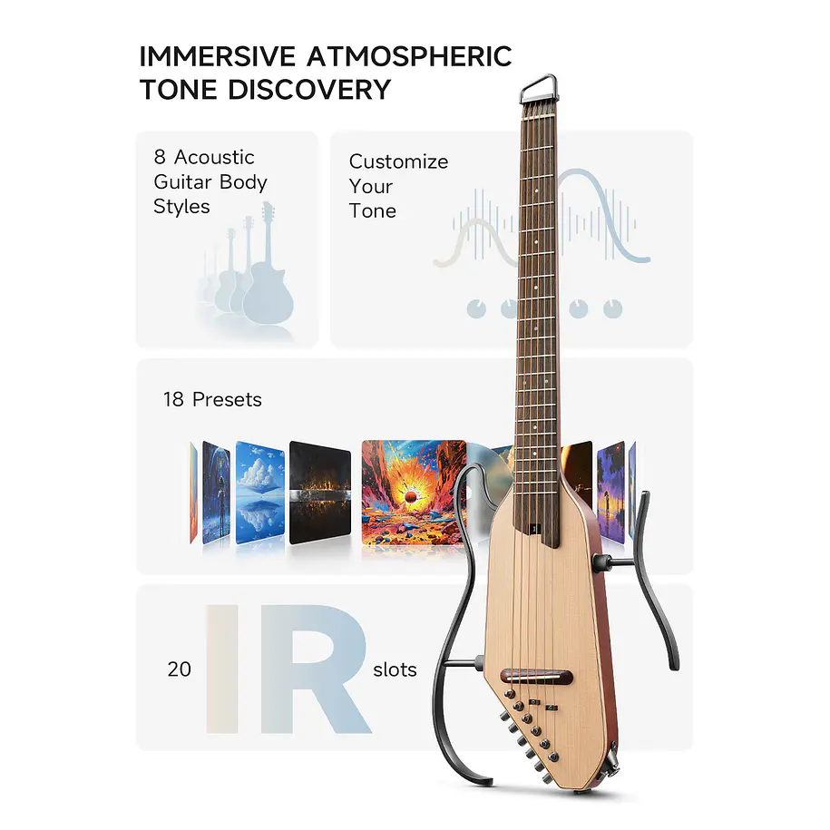 Donner HUSH-I Pro Guitarra Electroacústica de Viaje Headless con Efectos Integrados White EC6868 3
