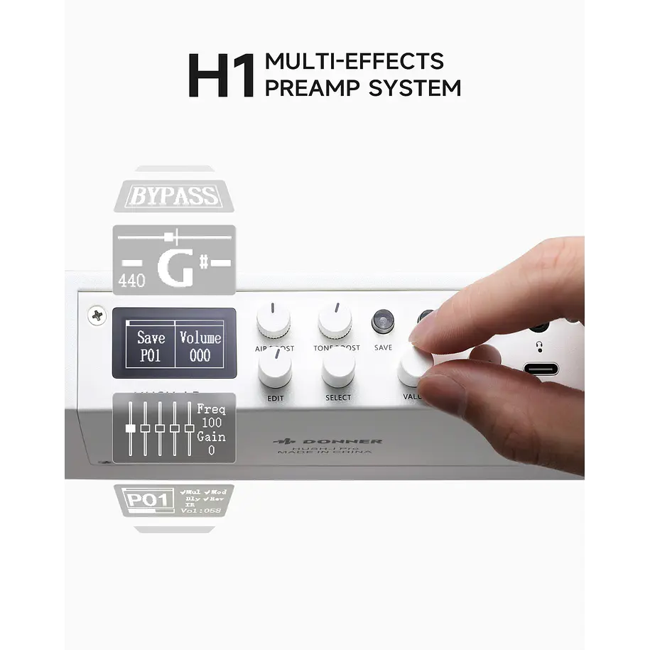 Donner HUSH-I Pro Guitarra Electroacústica de Viaje Headless con Efectos Integrados White EC6868 4