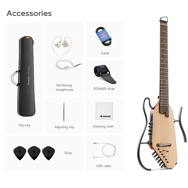 Donner HUSH-I Pro Guitarra Electroacústica de Viaje Headless con Efectos Integrados White EC6868 6