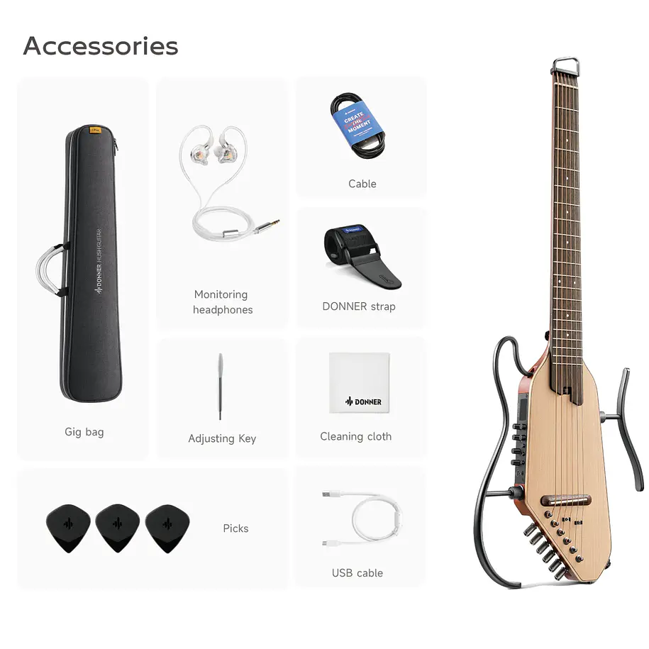 Donner HUSH-I Pro Guitarra Electroacústica de Viaje Headless con Efectos Integrados White EC6868 6