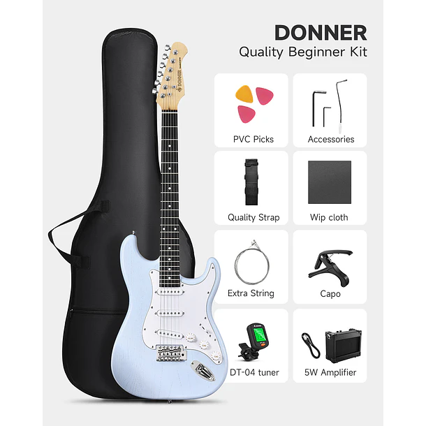Donner DST-80 Kit Guitarra Eléctrica Stratocaster con Amplificador Recargable 5W Sonic Blue EC6958 2