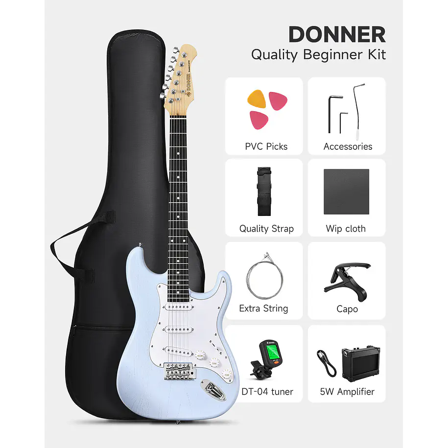 Donner DST-80 Kit Guitarra Eléctrica Stratocaster con Amplificador Recargable 5W Sonic Blue EC6958 2