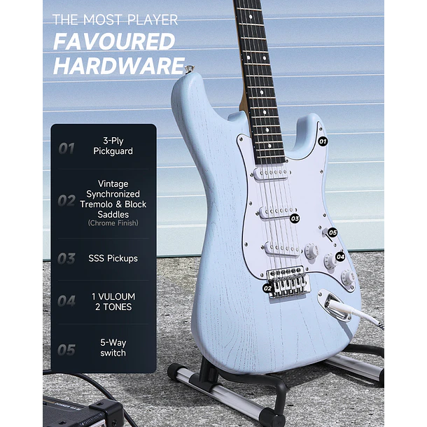 Donner DST-80 Kit Guitarra Eléctrica Stratocaster con Amplificador Recargable 5W Sonic Blue EC6958 6