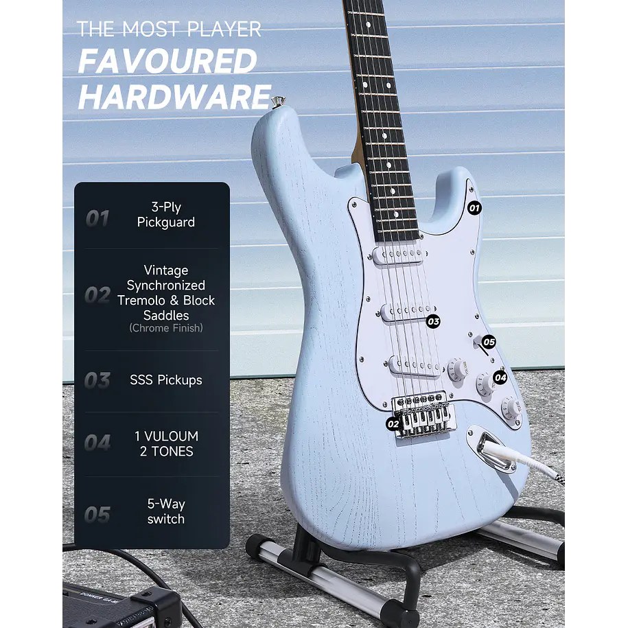 Donner DST-80 Kit Guitarra Eléctrica Stratocaster con Amplificador Recargable 5W Sonic Blue EC6958 6