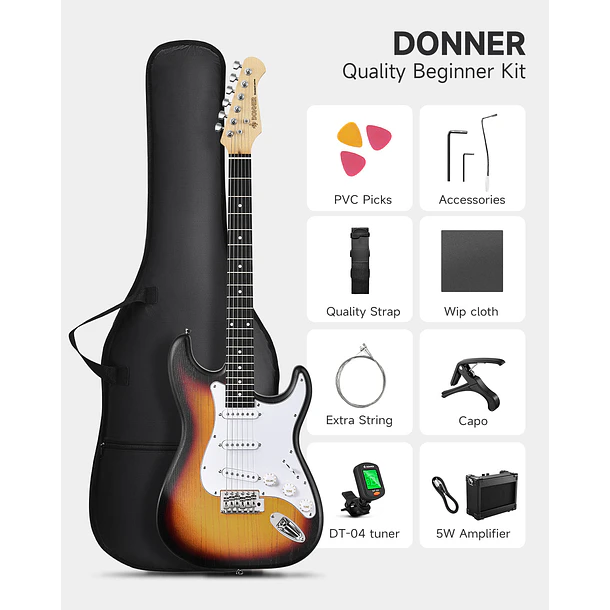 Donner DST-80 Kit Guitarra Eléctrica Stratocaster con Amplificador Recargable 5W Sunburst EC6959 2