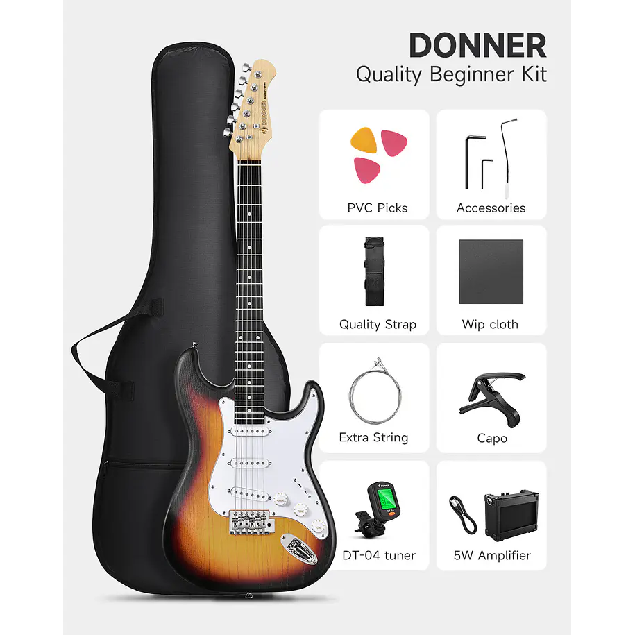 Donner DST-80 Kit Guitarra Eléctrica Stratocaster con Amplificador Recargable 5W Sunburst EC6959 2
