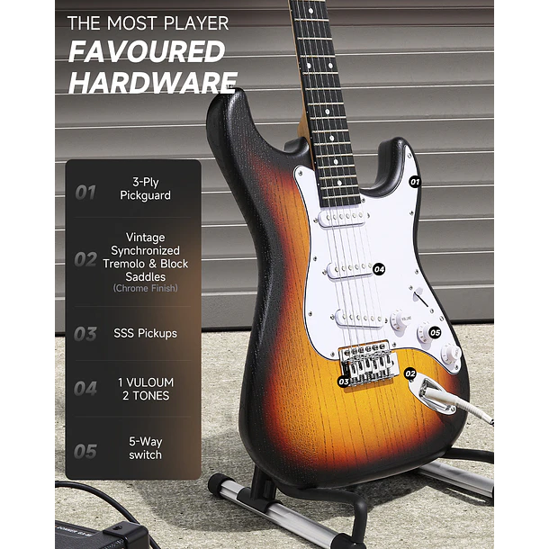 Donner DST-80 Kit Guitarra Eléctrica Stratocaster con Amplificador Recargable 5W Sunburst EC6959 6