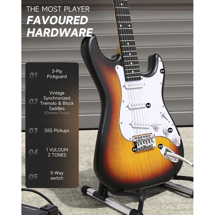 Donner DST-80 Kit Guitarra Eléctrica Stratocaster con Amplificador Recargable 5W Sunburst EC6959 6