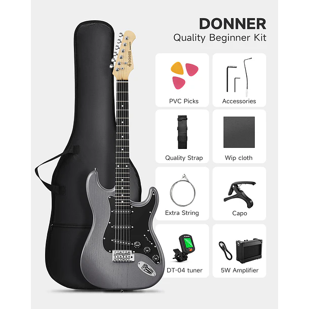 Donner DST-80 Kit Guitarra Eléctrica Stratocaster con Amplificador Recargable 5W Matte Black EC6961 2