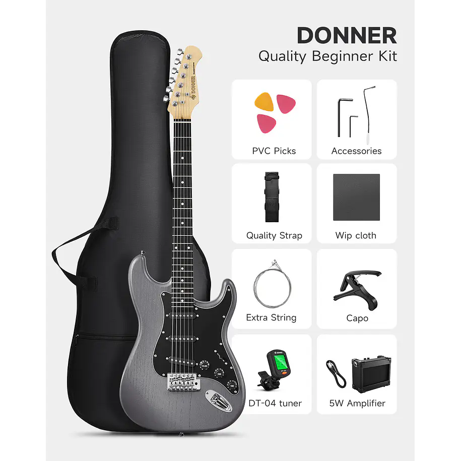 Donner DST-80 Kit Guitarra Eléctrica Stratocaster con Amplificador Recargable 5W Matte Black EC6961 2