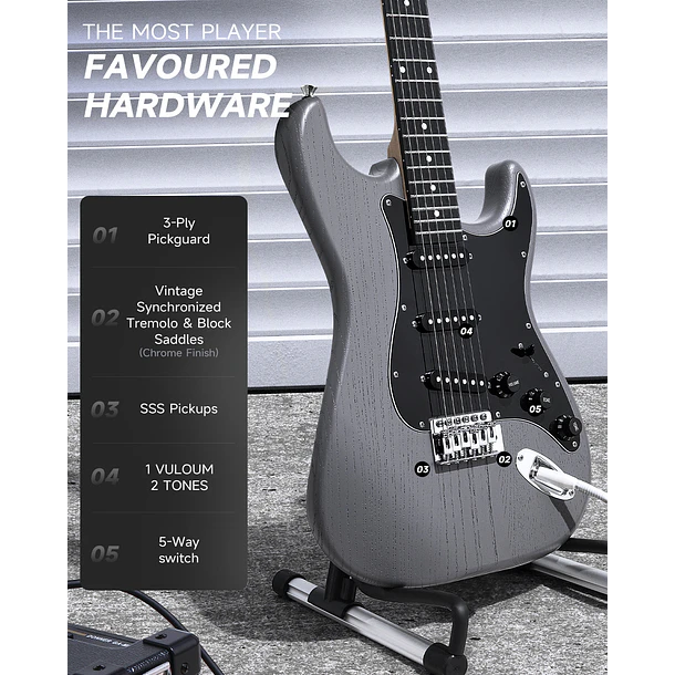 Donner DST-80 Kit Guitarra Eléctrica Stratocaster con Amplificador Recargable 5W Matte Black EC6961 6