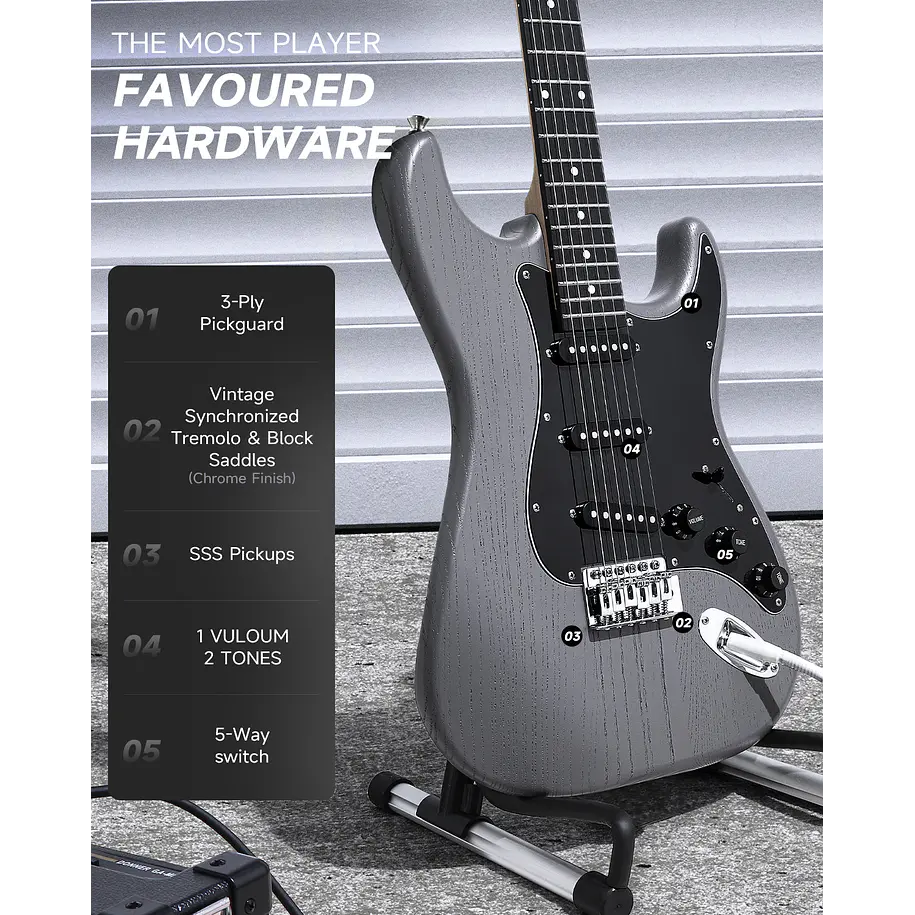 Donner DST-80 Kit Guitarra Eléctrica Stratocaster con Amplificador Recargable 5W Matte Black EC6961 6
