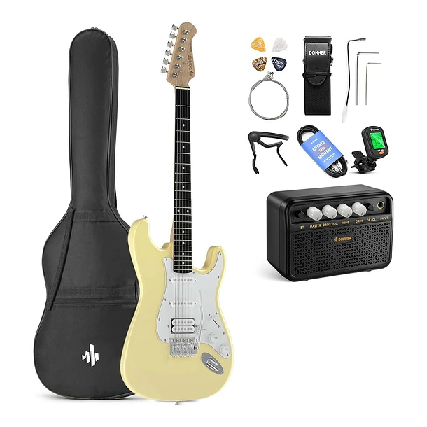 Donner DST-100W Kit Guitarra Eléctrica Stratocaster HSS con Amplificador 3W Vintage White EC1169 1