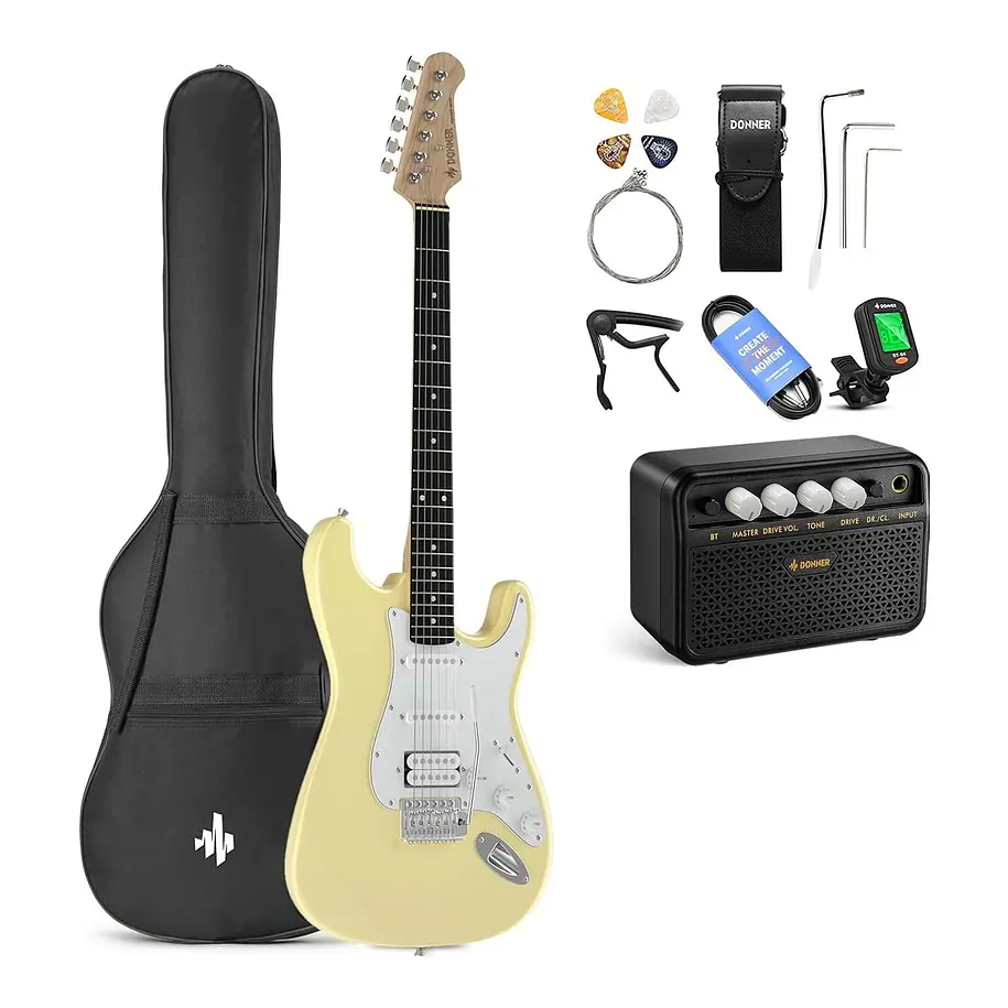 Donner DST-100W Kit Guitarra Eléctrica Stratocaster HSS con Amplificador 3W Vintage White EC1169 1