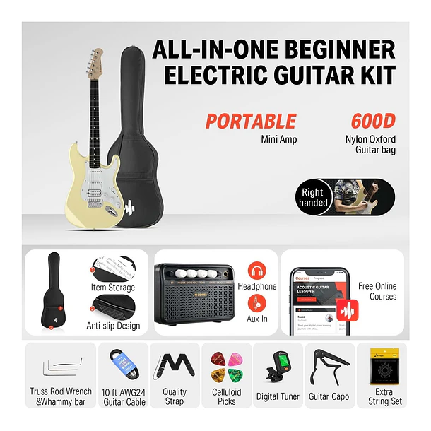Donner DST-100W Kit Guitarra Eléctrica Stratocaster HSS con Amplificador 3W Vintage White EC1169 2