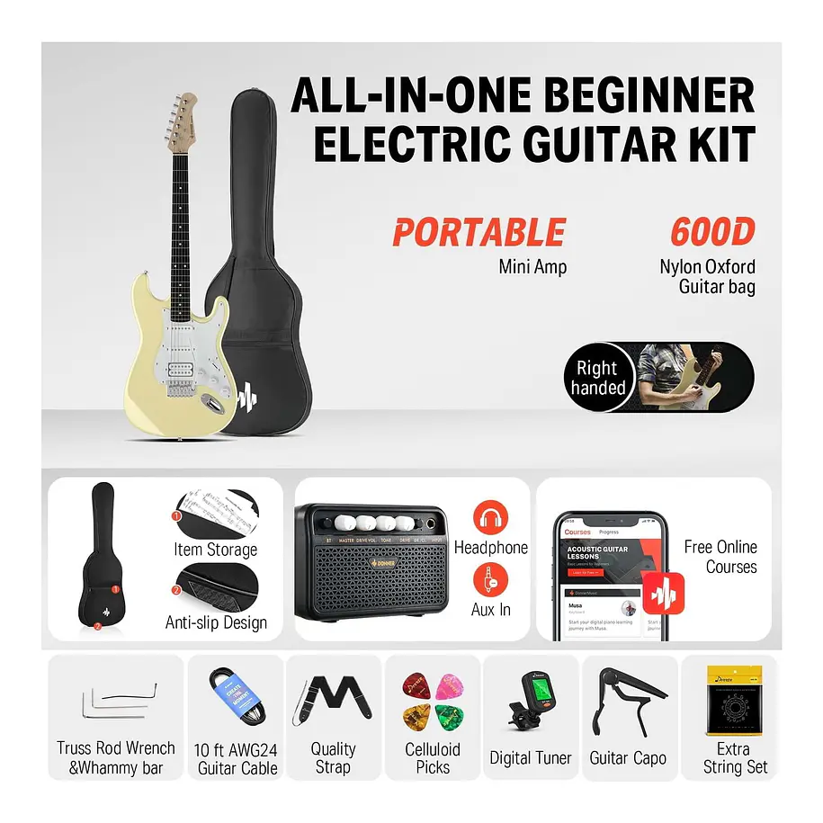 Donner DST-100W Kit Guitarra Eléctrica Stratocaster HSS con Amplificador 3W Vintage White EC1169 2
