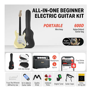 Donner DST-100W Kit Guitarra Eléctrica Stratocaster HSS con Amplificador 3W Vintage White EC1169