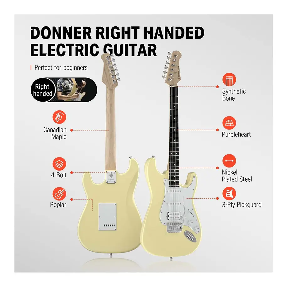 Donner DST-100W Kit Guitarra Eléctrica Stratocaster HSS con Amplificador 3W Vintage White EC1169 3