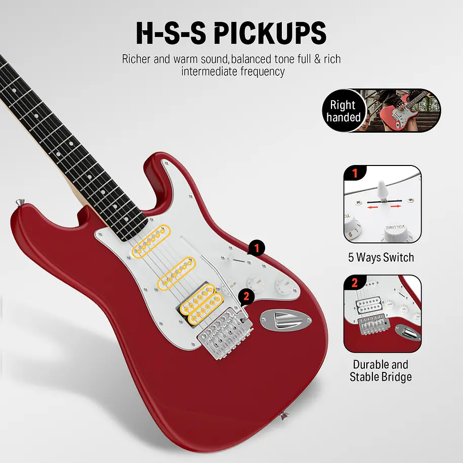 Donner DST-100R Kit Guitarra Eléctrica Stratocaster HSS con Amplificador 3W Roja EC1166 5