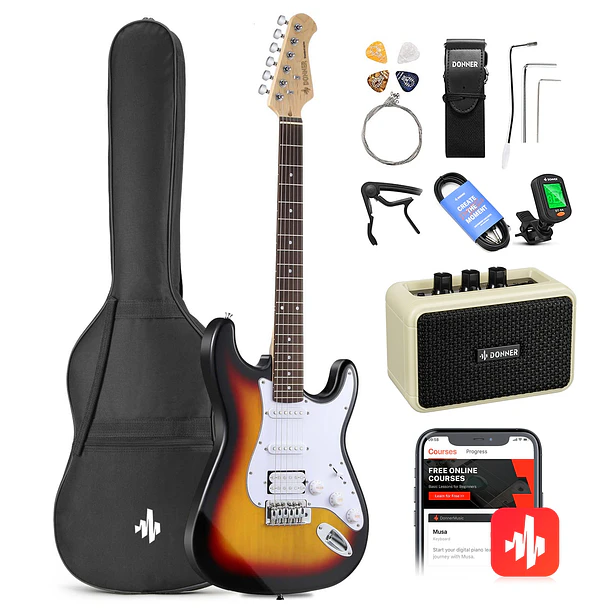 Donner DST-100S Kit Guitarra Eléctrica Stratocaster HSS con Amplificador 3W Sunburst EC1098 1