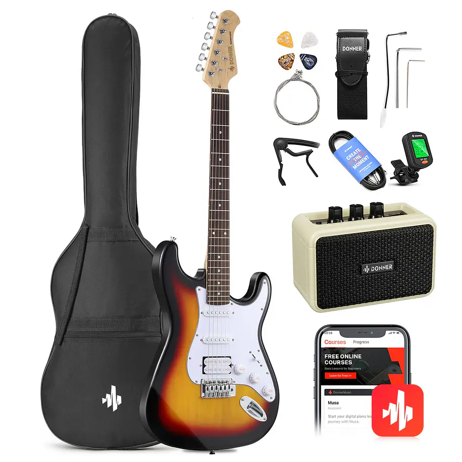 Donner DST-100S Kit Guitarra Eléctrica Stratocaster HSS con Amplificador 3W Sunburst EC1098 1