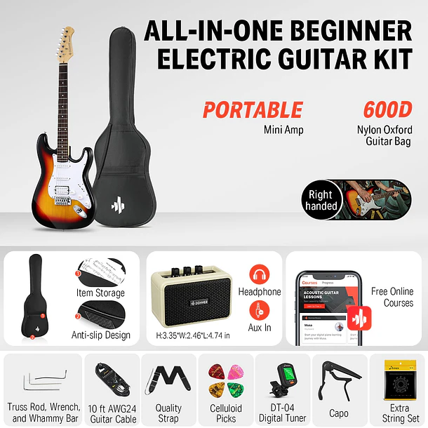 Donner DST-100S Kit Guitarra Eléctrica Stratocaster HSS con Amplificador 3W Sunburst EC1098 2