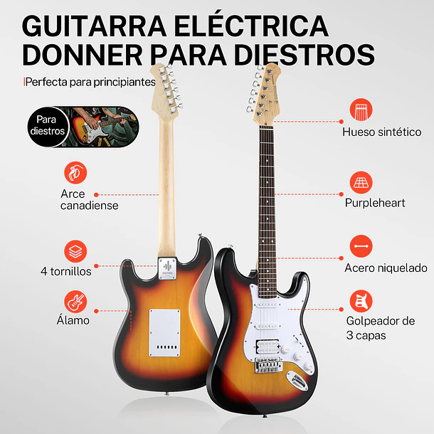 Donner DST-100S Kit Guitarra Eléctrica Stratocaster HSS con Amplificador 3W Sunburst EC1098 5