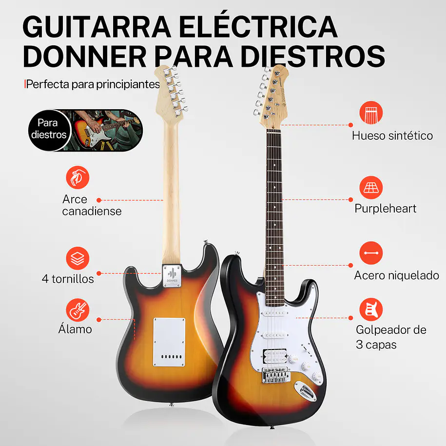 Donner DST-100S Kit Guitarra Eléctrica Stratocaster HSS con Amplificador 3W Sunburst EC1098 5