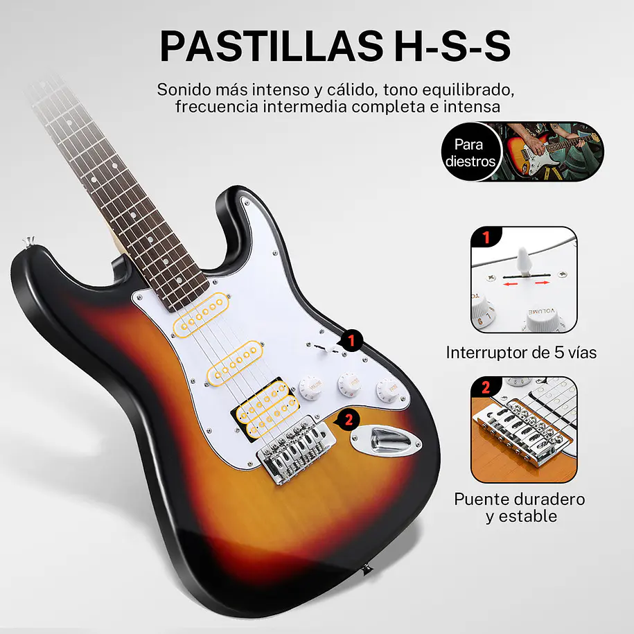 Donner DST-100S Kit Guitarra Eléctrica Stratocaster HSS con Amplificador 3W Sunburst EC1098 6