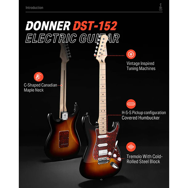 Donner DST-152 Kit Guitarra Eléctrica Stratocaster HSS con Coil Split y Amplificador Sunburst EC1415 2