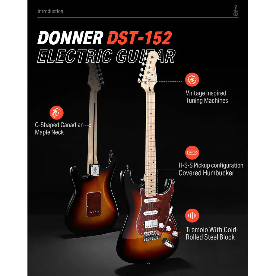 Donner DST-152 Kit Guitarra Eléctrica Stratocaster HSS con Coil Split y Amplificador Sunburst EC1415 2