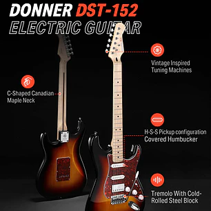 Donner DST-152 Kit Guitarra Eléctrica Stratocaster HSS con Coil Split y Amplificador Sunburst EC1415