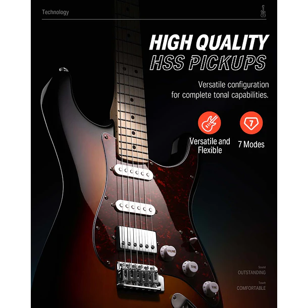 Donner DST-152 Kit Guitarra Eléctrica Stratocaster HSS con Coil Split y Amplificador Sunburst EC1415 3