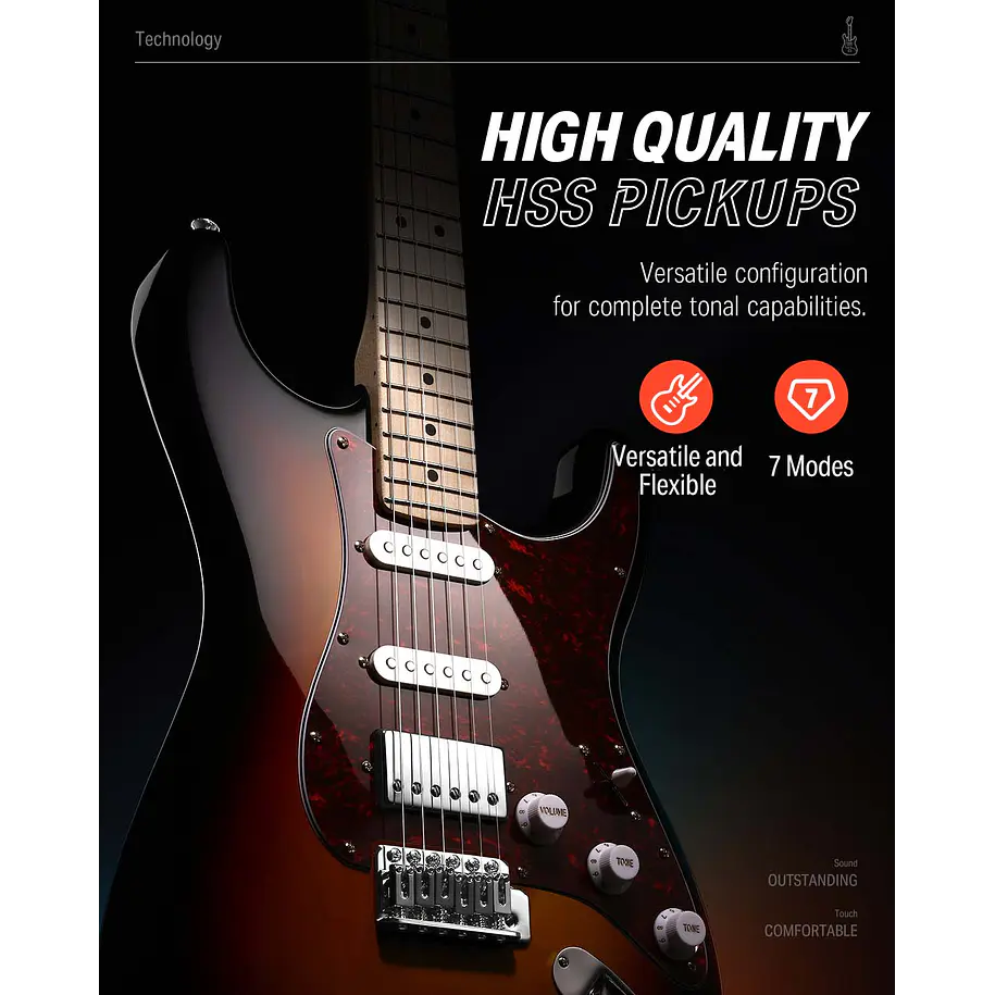 Donner DST-152 Kit Guitarra Eléctrica Stratocaster HSS con Coil Split y Amplificador Sunburst EC1415 3