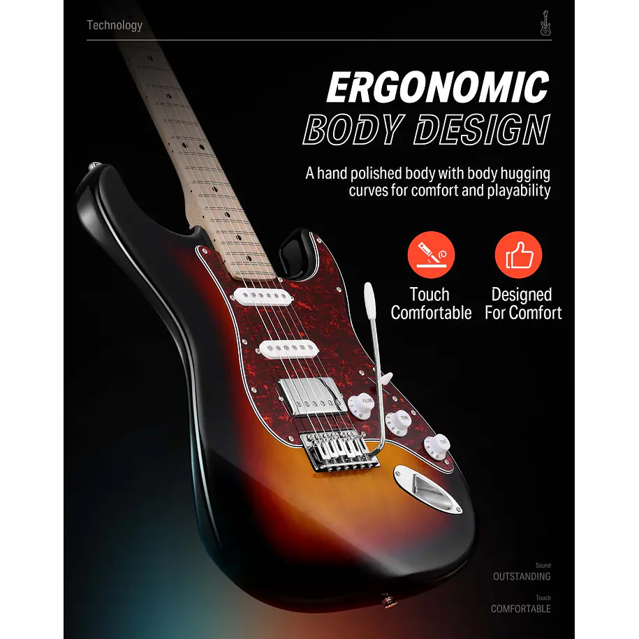 Donner DST-152 Kit Guitarra Eléctrica Stratocaster HSS con Coil Split y Amplificador Sunburst EC1415 4