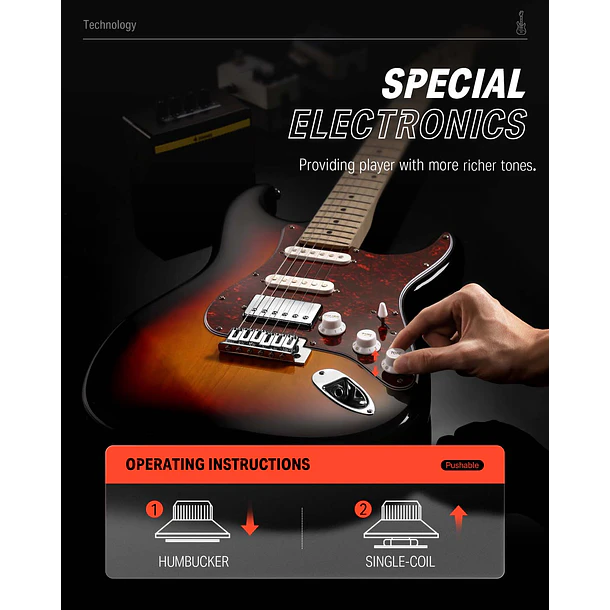 Donner DST-152 Kit Guitarra Eléctrica Stratocaster HSS con Coil Split y Amplificador Sunburst EC1415 5